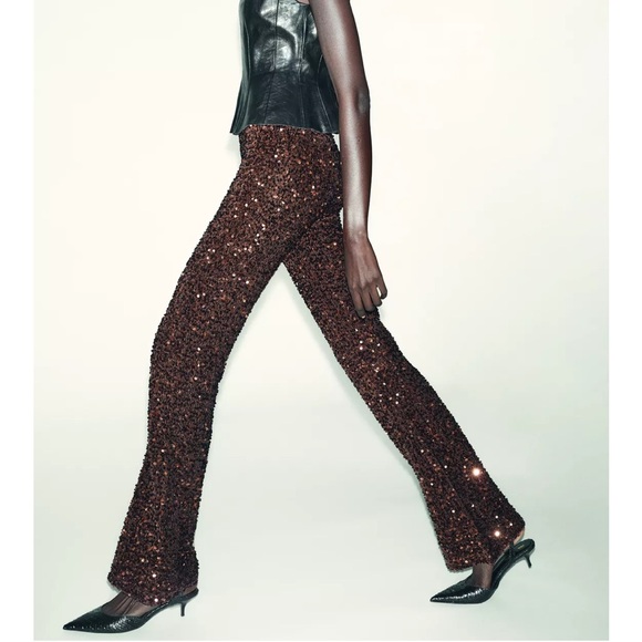 Zara Flare Velvet Sequin Pants / Leggings - Dark Brown - Picture 4 of 7